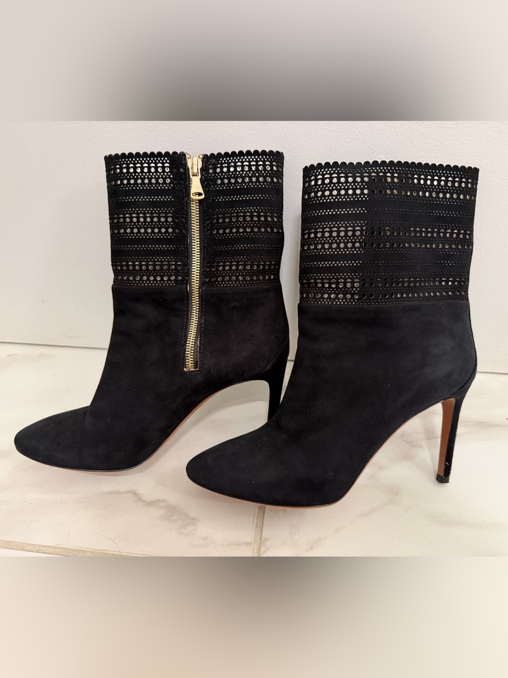 ALAIA Black Suede Stiletto Ankle Boots with Laser-Cut Detail | US 7.5 / EU 37.5